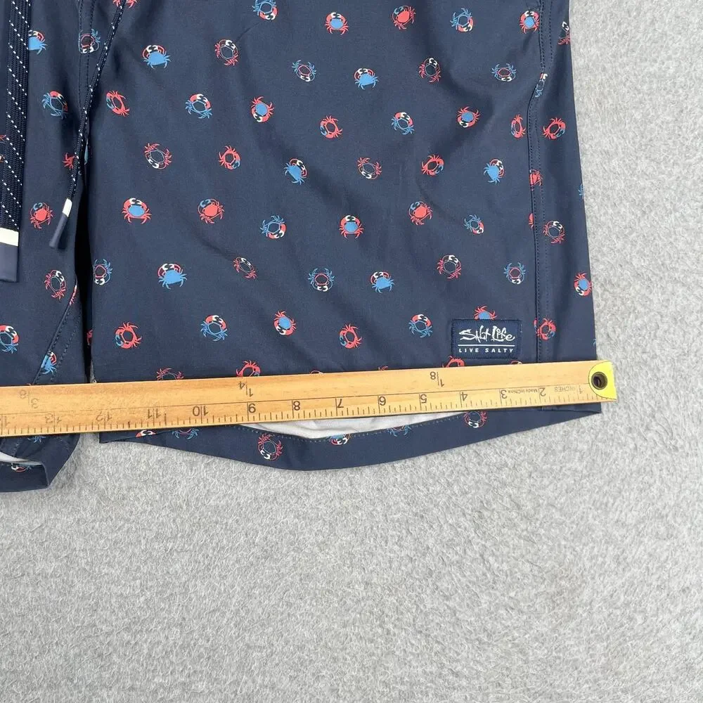 Salt Life Swim Shorts Navy Blue Crab Print Mens Size 36 Zip Fly Draw String